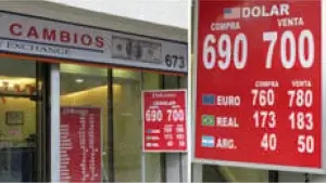 Fachada da casa de câmbio JM Cambios em Santiago, com placas vermelhas exibindo as cotações do dólar, euro, real e peso argentino."