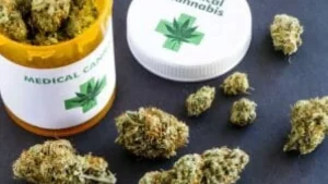 Frasco rotulado como 'cannabis medicinal' aberto, com flores secas de maconha espalhadas sobre uma superfície escura.