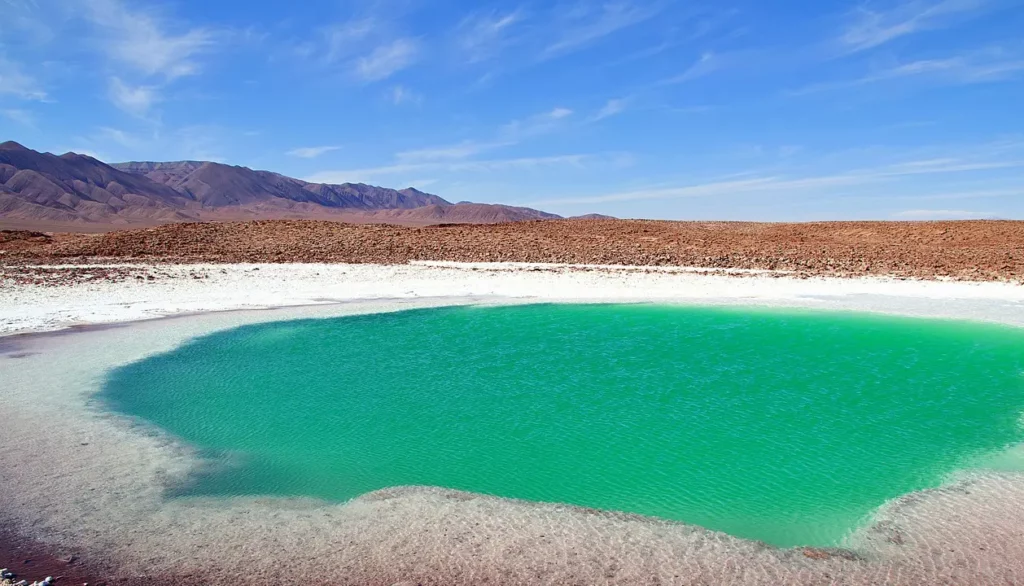 Paisagem com uma lagoa de águas verde-esmeralda cercada por salinas e montanhas no Deserto do Atacama.