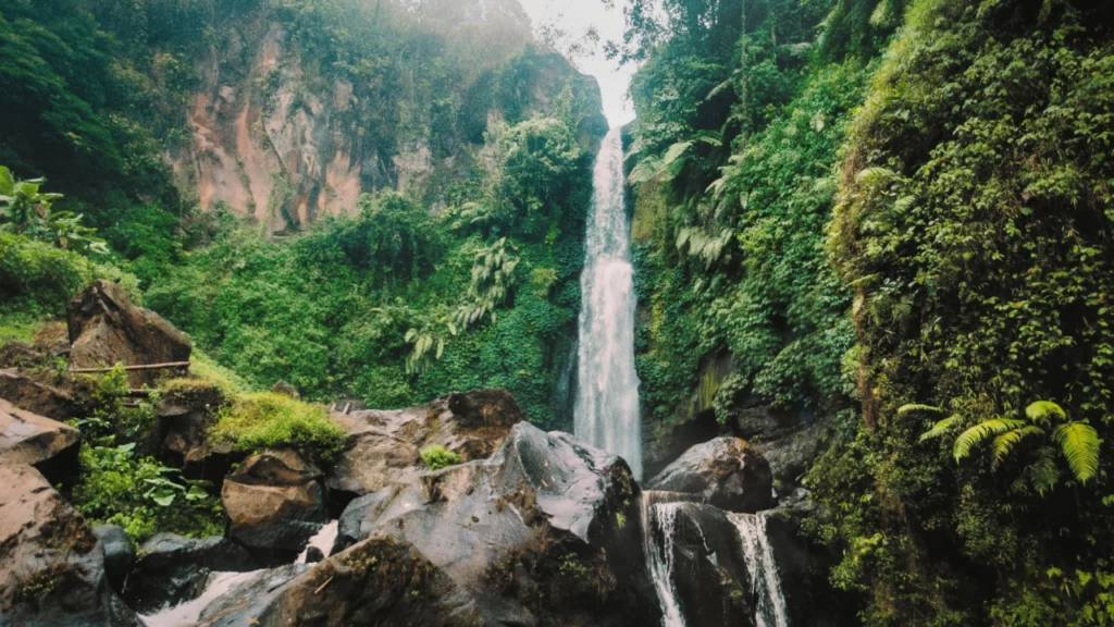 Cachoeira imponente cercada por vegetação exuberante, localizada no Parque Natural Águas de Ramón, em Las Condes, Santiago.