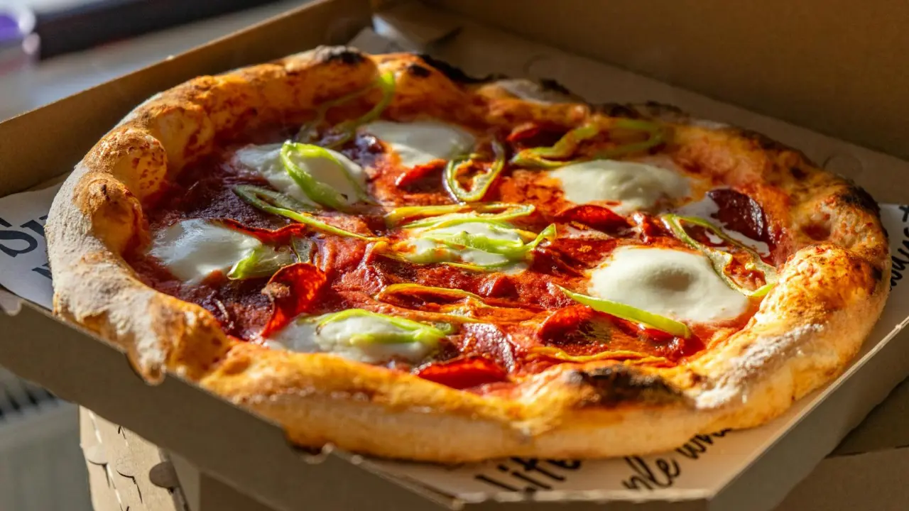 Pizza com molho de tomate, queijo mussarela e pepperoni, colocada dentro de uma caixa de pizza, pronta para ser servida.